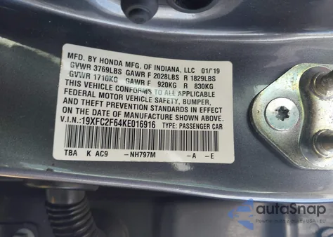 2019 Honda Civic Lx from USA, damaged, VIN 19XFC2F64KE016916